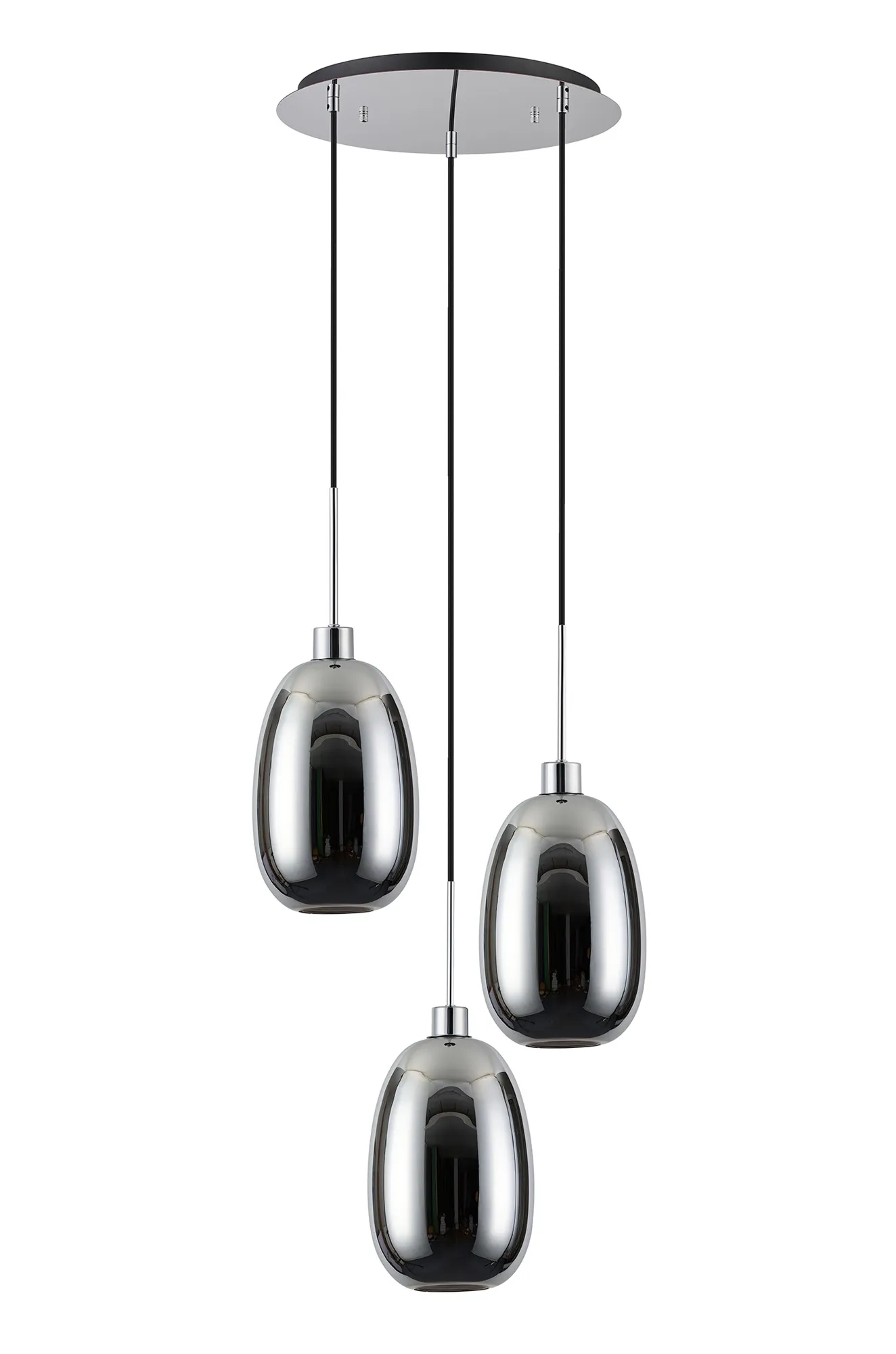 Lori 40cm Round Pendant, 3 Light Adjustable E27, Polished Chrome/Chrome Slim Curved Trapezium Shades DK1268  Deco Lori Polished Chrome